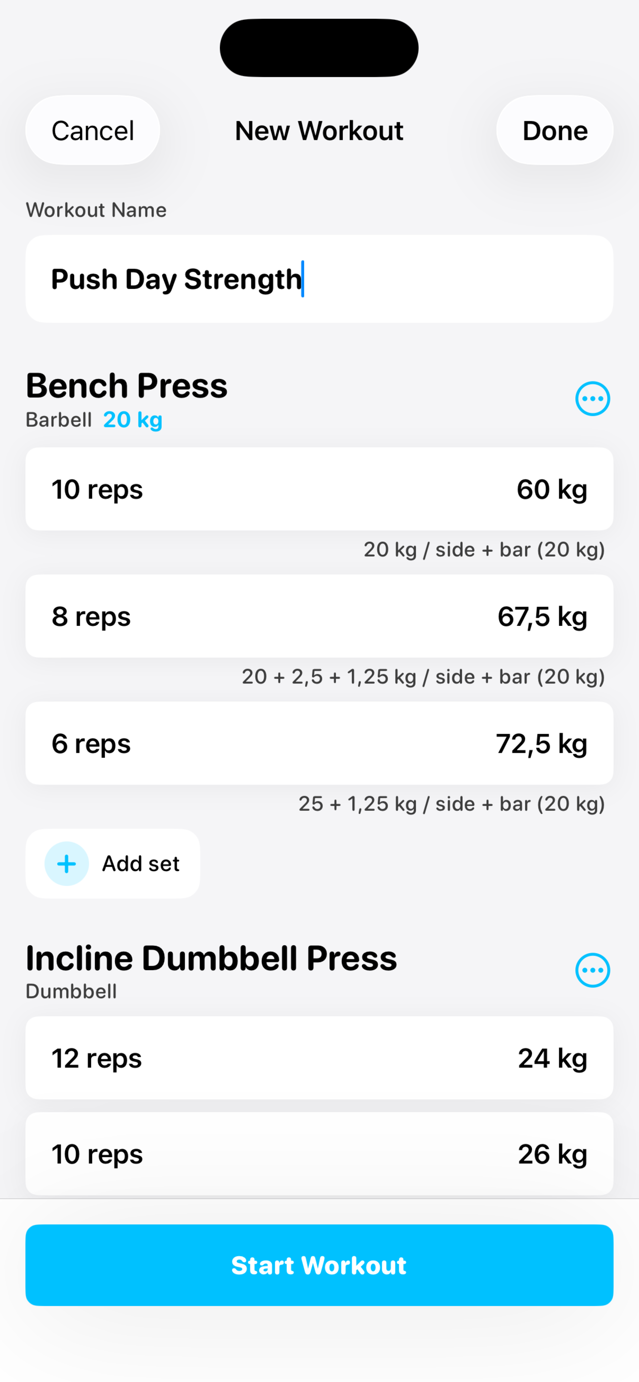 Mass edit workout screen